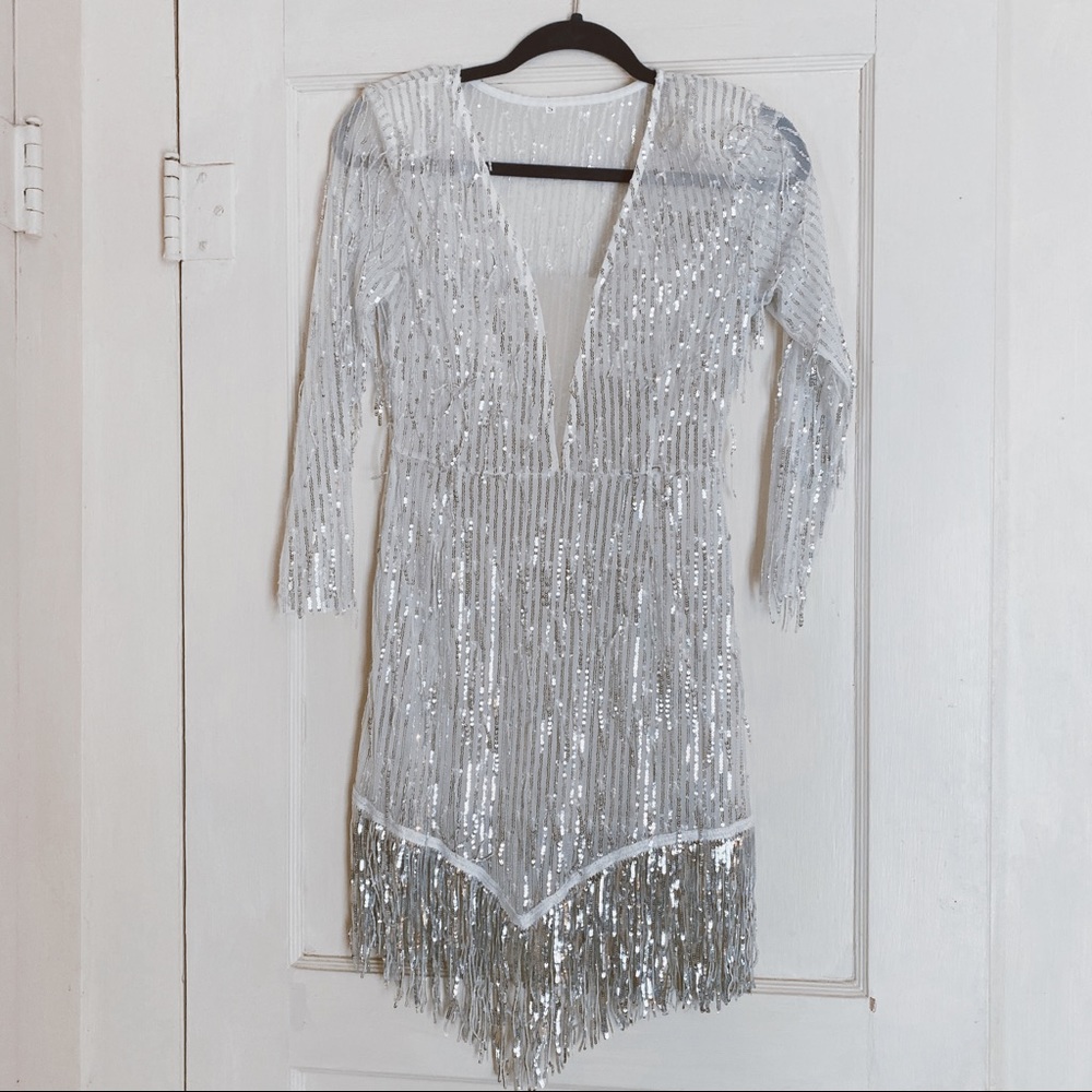Sequin Fringe Long Sleeve Party Dress
